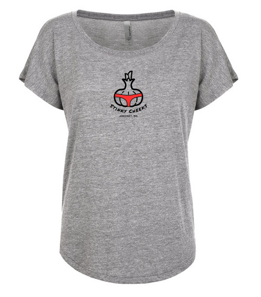 Stinky Cheeks Ladies Dolman Shirt in Heather Grey